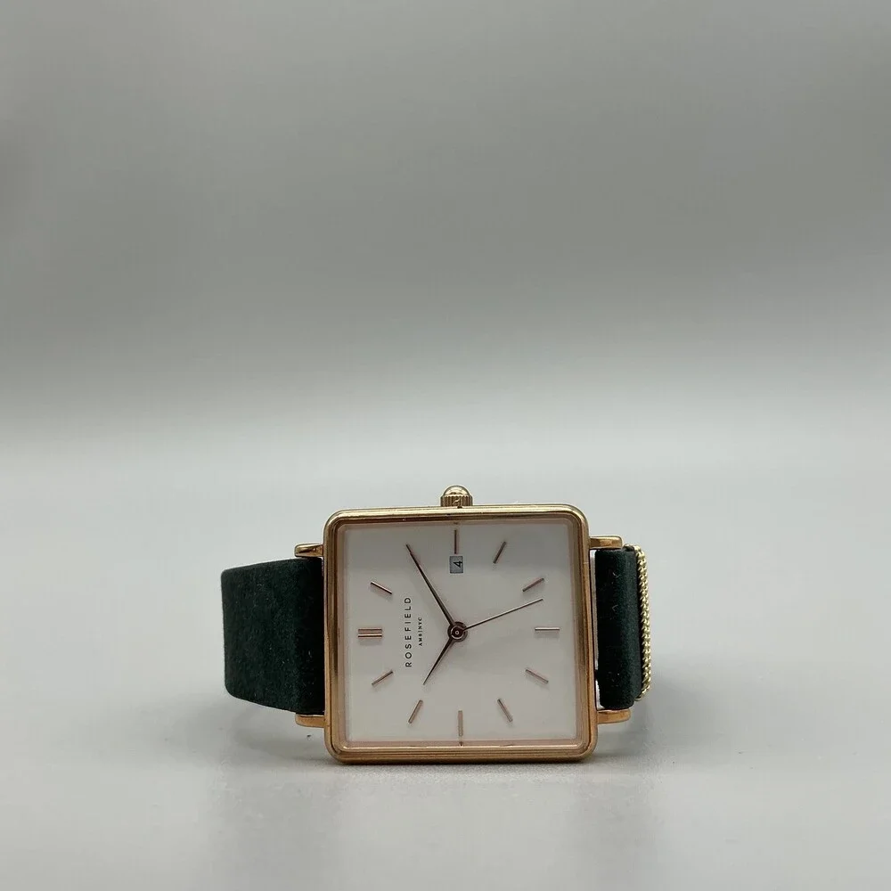 Rosefield Womens Watch 26mm White Dial Rose Gold Green Leather Date Quartz